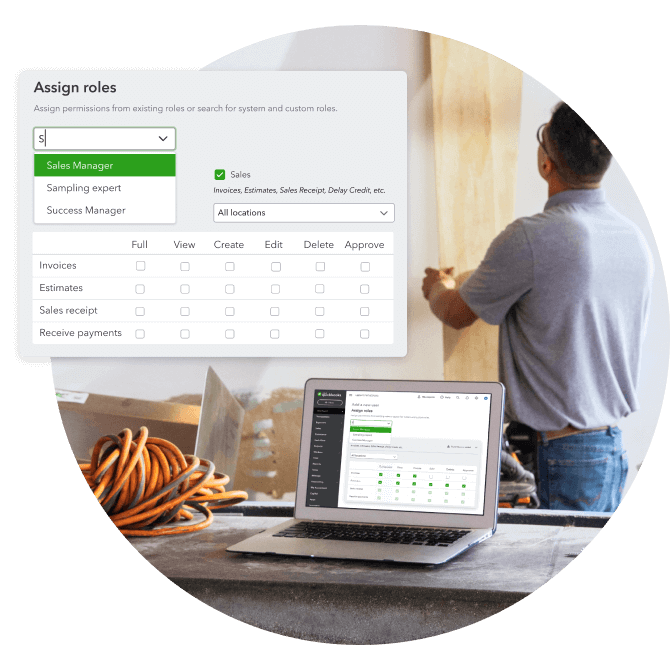A graphic showing how to assign roles in QuickBooks is laid over a photo of a construction worker on a job site.